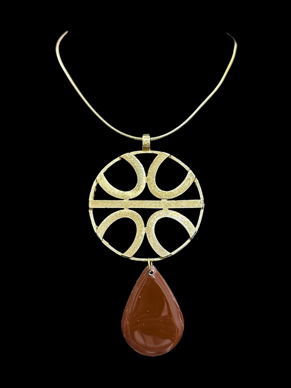 Gold-Tone Circle Pendant Necklace with Brown Teardrop Stone